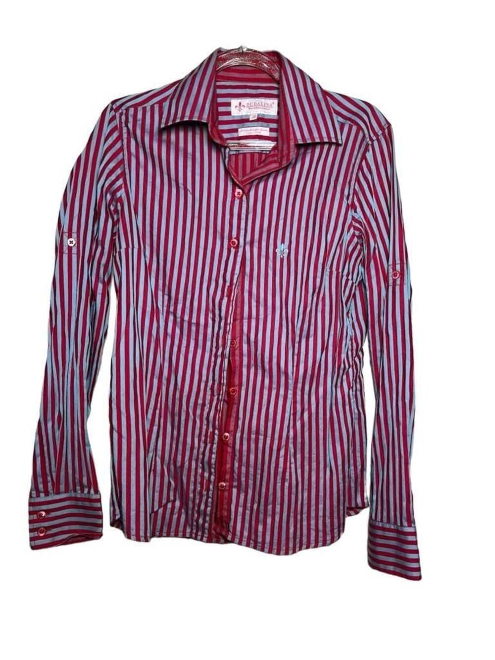 Dudalina Luxury Cotton Egyptian Red Blue Striped Long Sleeve Button-Down Shirt